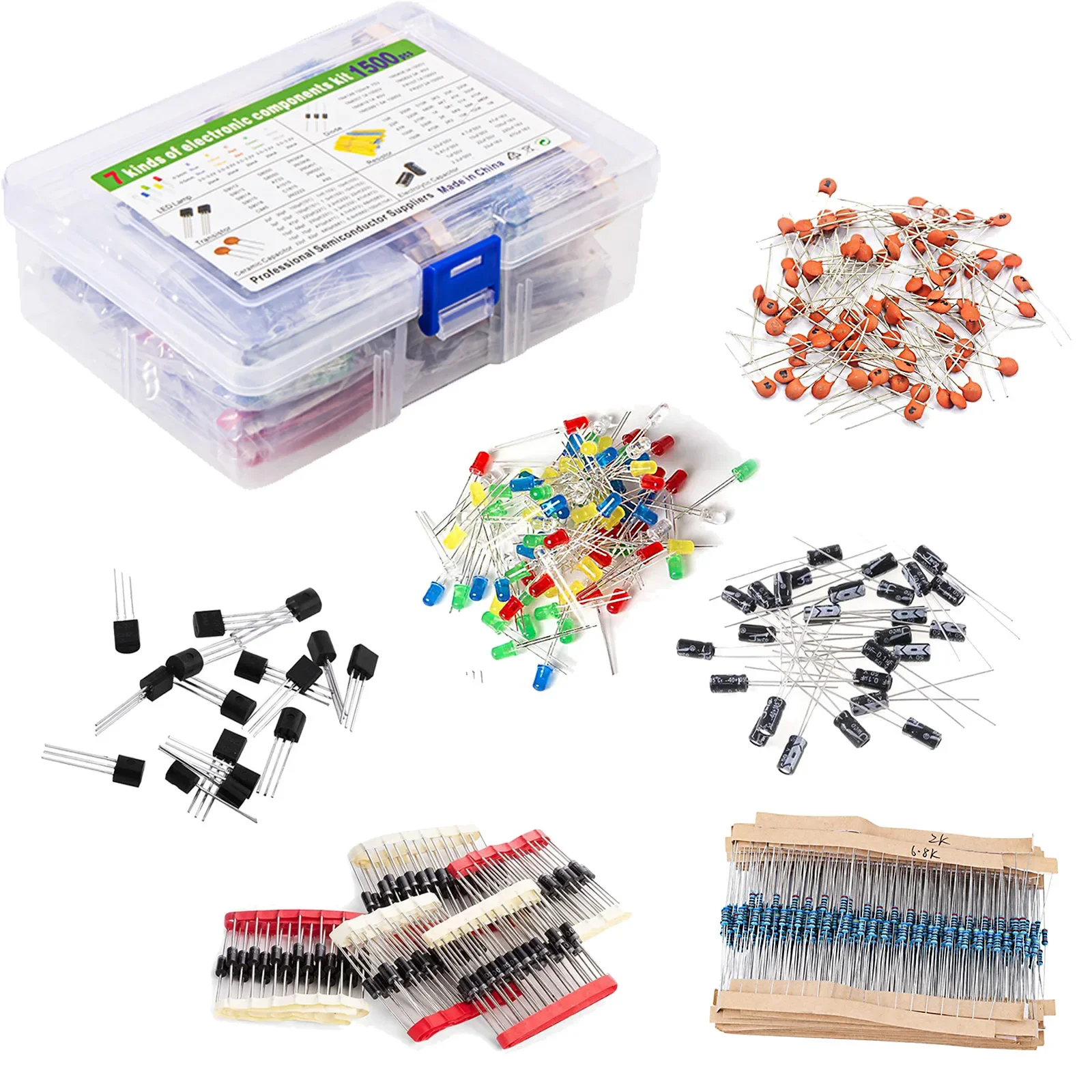 1500pcs Electronics Component Assortment Kit Capacitors Led Diode Rectifier Resistor Transistor for Arduino DIY Project