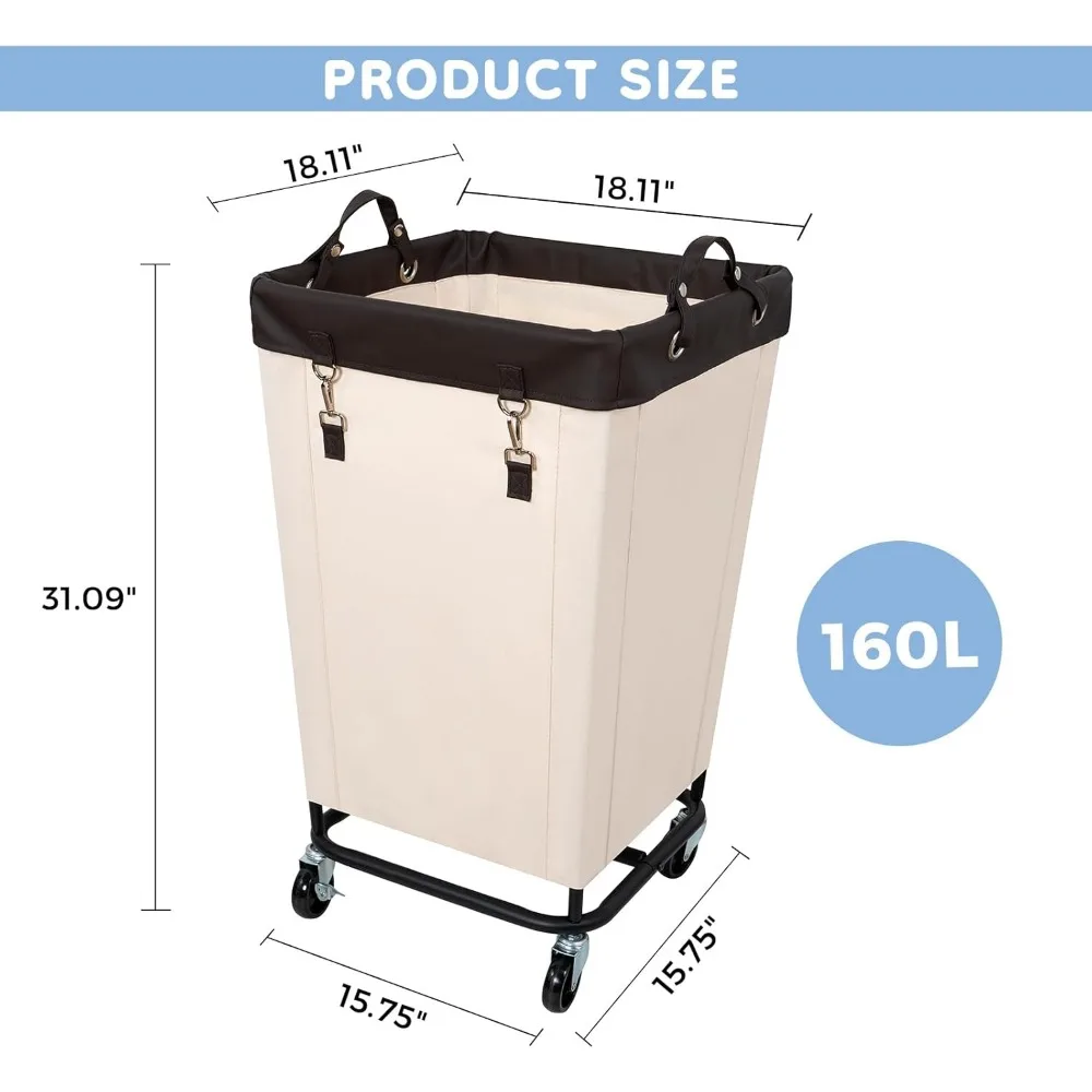 Laundry Hamper with Wheels, 160L Clothes Large Laundry Basket with Steel Frame and Removable Canvas Laundry Bag,