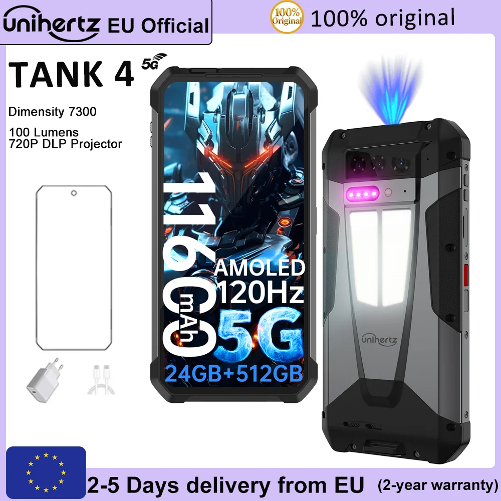 Unihertz par 8849 Tank 4 Smartphone 5G intégré 720P projecteur téléphone 24GB RAM 512GB ROM 11600mAh dimension 7300 AMOLED Android 14