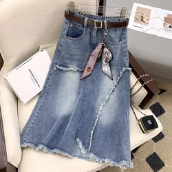 High waisted Denim Skirt 5XL Women 2024 New Slim Vintage Tassel Jeans A-line Skirts Casual Women's Long Skirt Street Clothing