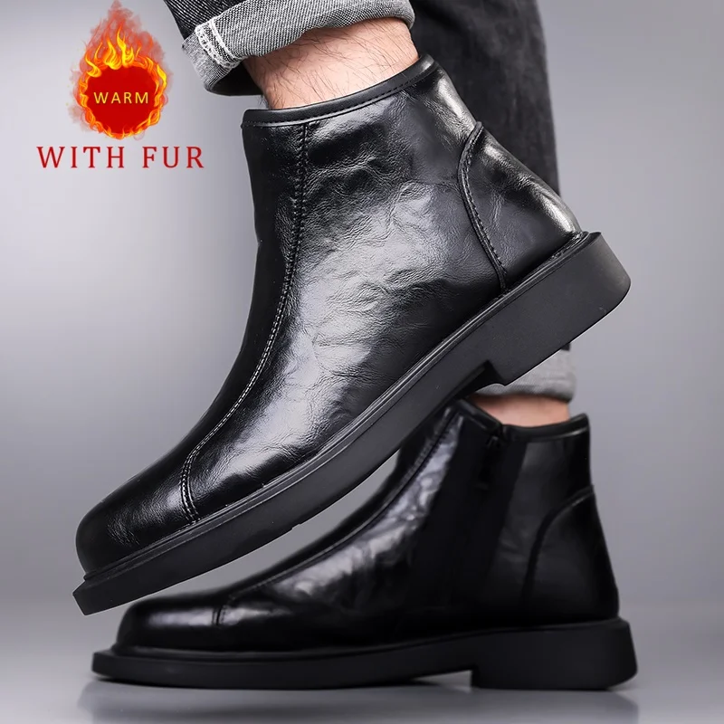 Autumn and winter genuine leather men's shoes Minimalist business classic style Formal office party Warm outdoor boots Black