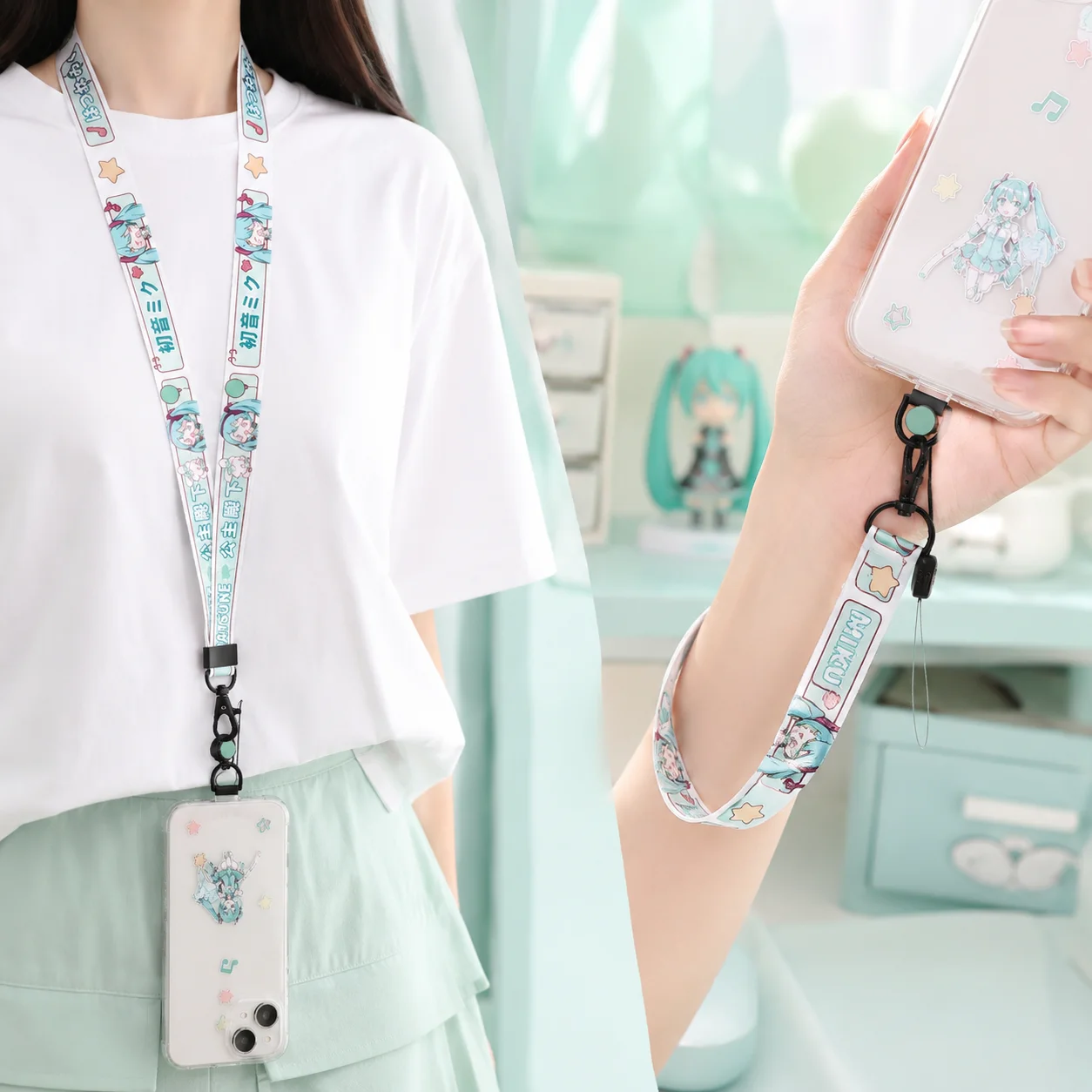 2pcs Hatsune Miku Short Wrist Lanyard Anime Phone Strap Anti Lost Keychain Pendant for Phone Case, Keys, USB Bag Gift view 2