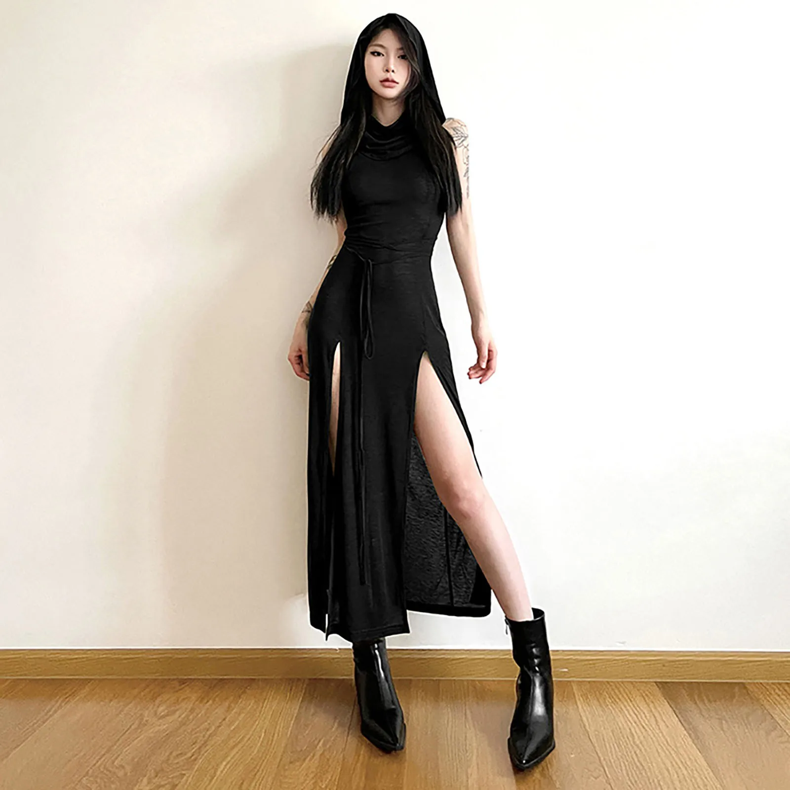 Gothic Sleeveless Hooded Dresses For Women Y2k Punk Grunge Hollow Out Dress High Street Sexy High Slit Bodycon Party Dresses