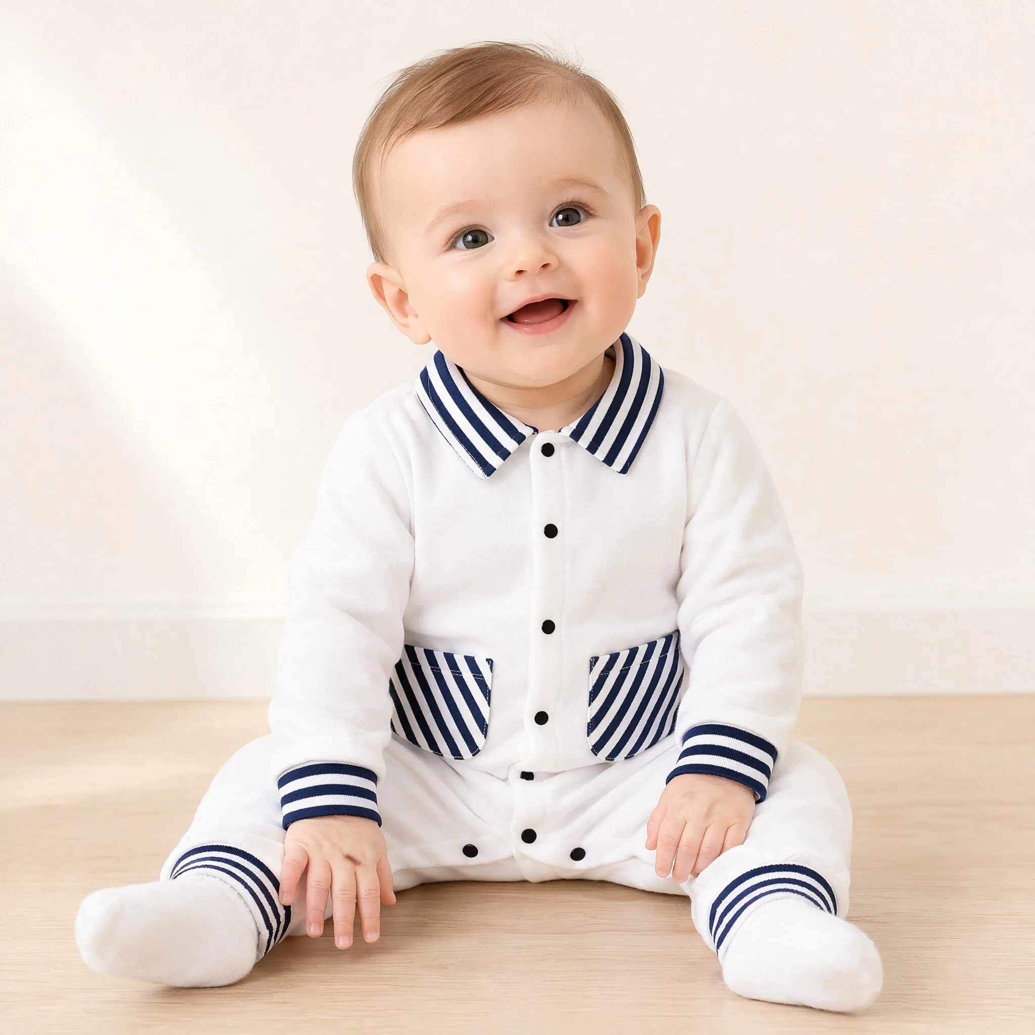 Mameluco de Algodón Puro para Bebé Recién Nacido, 0-1 Mes, con Cuello Camisero a Rayas, Manga Larga, Súper Lindo y Adorable, Traje para el Primer Mes