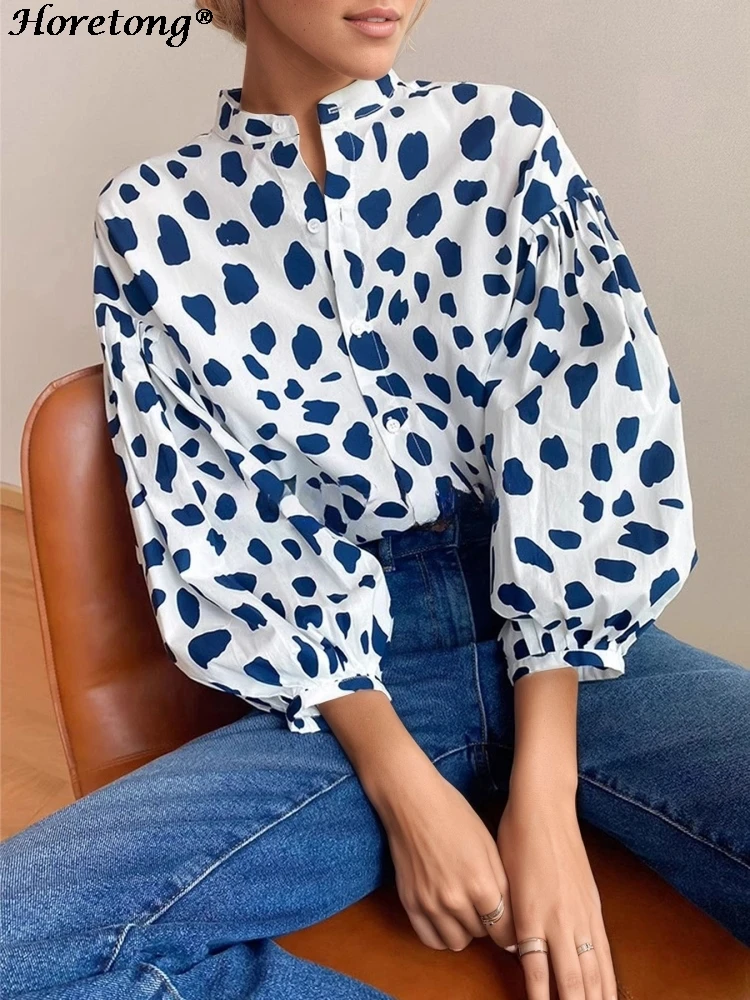 2026 Vintage Blue White Polka Dot Blouse Women Stand Collar Lantern Sleeve Loose Fit Elegant Office Work Fashion Casual Tops