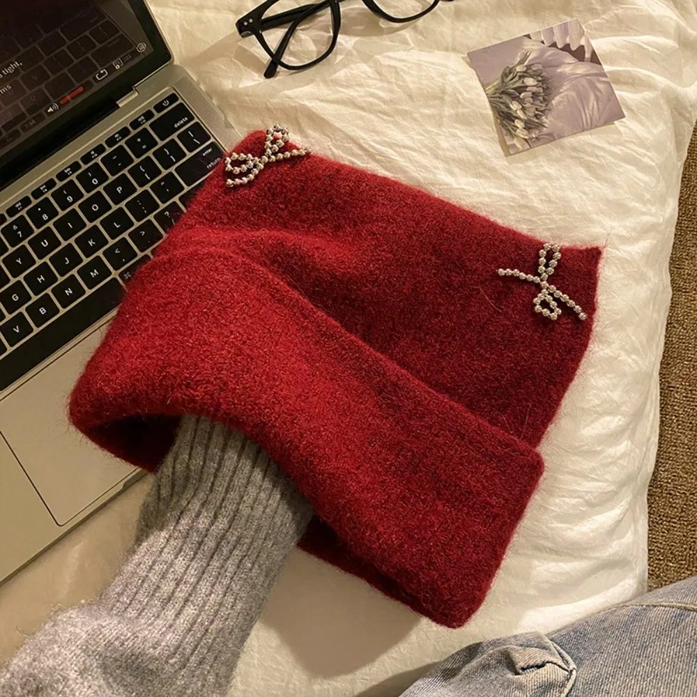 

Keep Warm Sweet Cool Cat Ears Beanie Hat Bow Ear Protection Knitted Pullover Hat Streetwear Fluffy Winter Wool Hat Girls