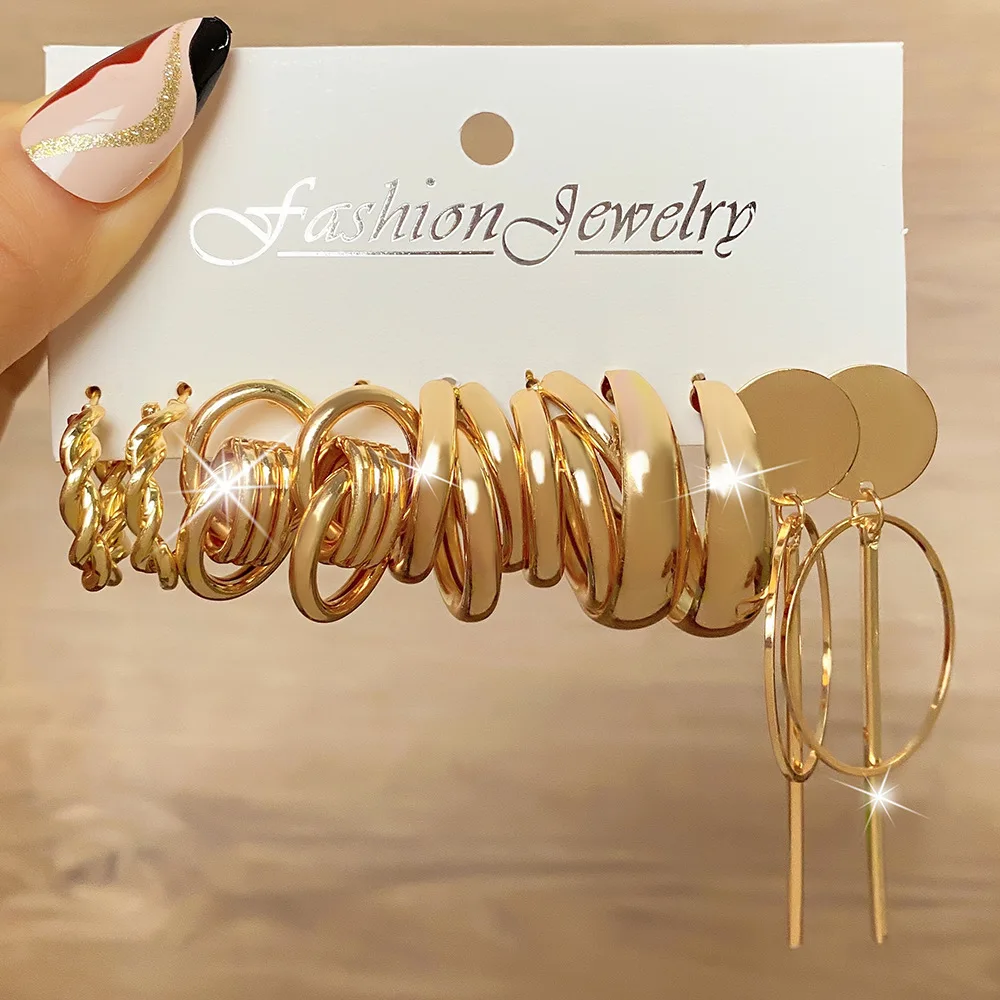 10 Uds. Pendientes de aro geométricos cuadrados metálicos Vintage con flecos giratorios en forma de C accesorios para mujer