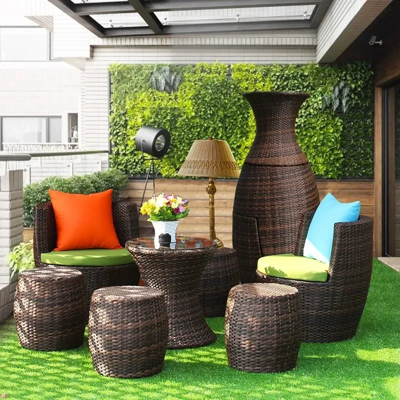 for Rattan Chair Mini Small Coffee Table Three piece Balcony Table and Chair Patio Terrace Stool Outdoor Garden Furniture