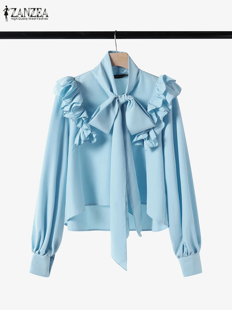 ZANZEA 2025 Spring Bow Tie Neck Blouses Trendy Elegant Long Sleeve Women Short Tops Ruffles Trim Loose Casual Blusas Mujer