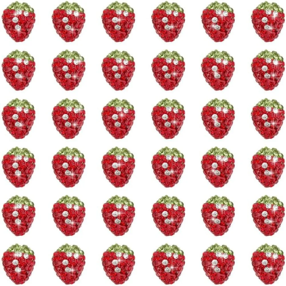 

40 Pcs Strawberry Rhinestone Beads 3D Handmade Polymer Clay Red Green Fruit Beads Pave Disco Ball Beads Half Drill Spacer Beads