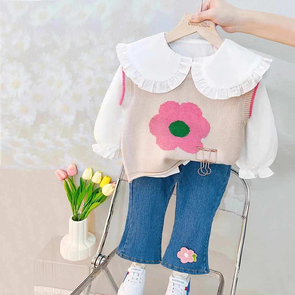 2023 Spring Infant Clothes Baby Girls Clothing Sets Kids Floral Vest Shirt Jeans 3 Pcs Suits Outfits Children Princess Costume