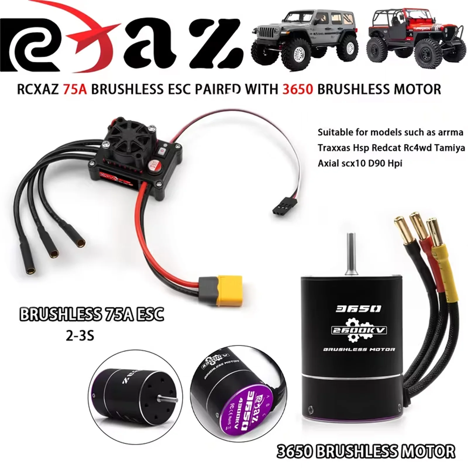 

RC 3650 Brushless Motor 75A ESC Electronic Speed Controller ESC 75A/480 with Brushless Motor Kit 2-3S Suitable for Arrma, Traxxas, HSP, Redcat, RC4WD, SCX10, D90, Tamiya, Axial, HPI, etc. 1/10 RC Truck Racing/Off-Road/High-Speed Vehicle Model Upgrade