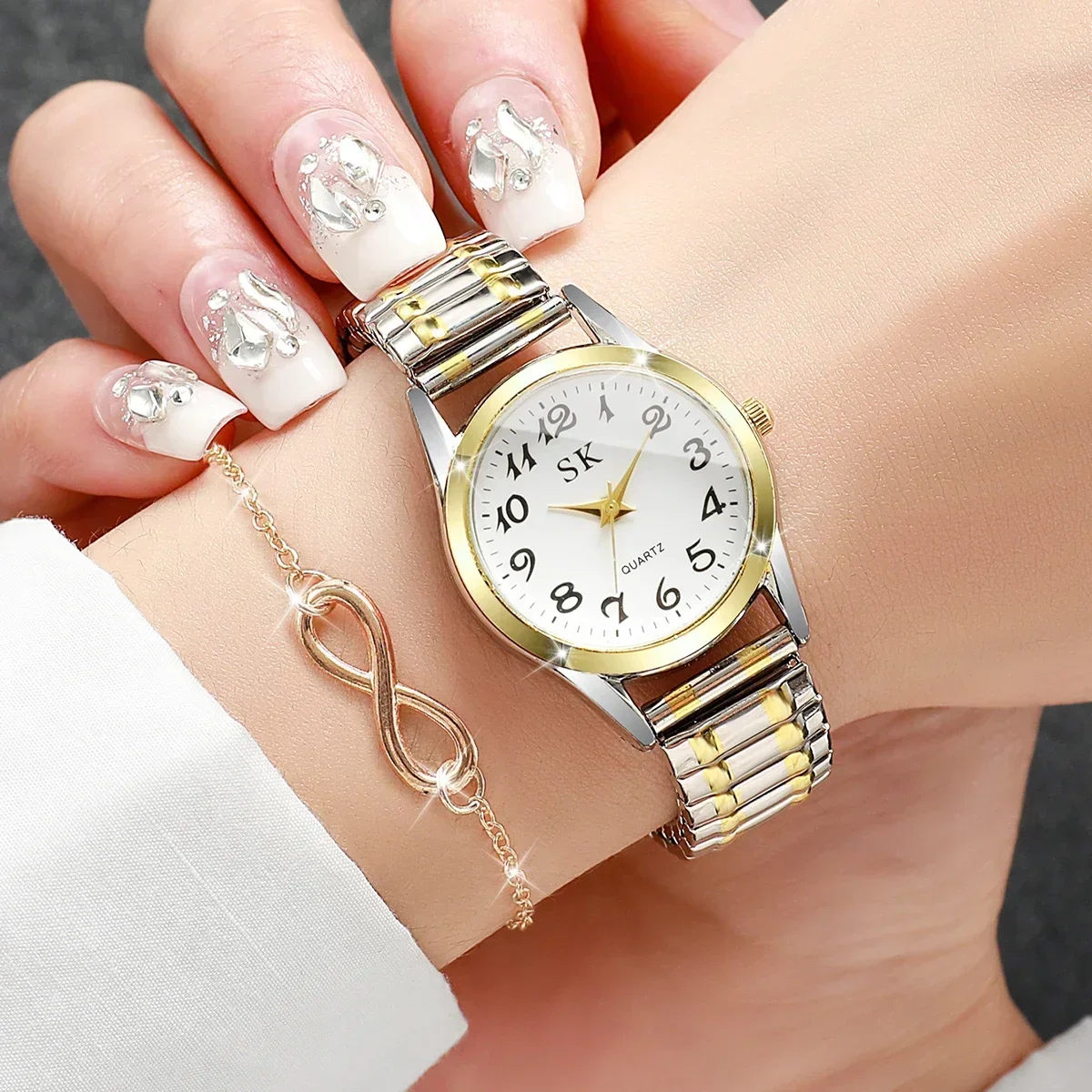 2PCS Two piece set of women's digital watch infinite symbol thin bracelet with gold stretch steel strip, not including gift box