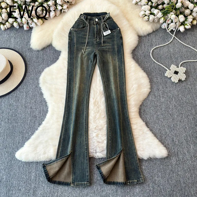 

EWQ Fashion Gradient Split Denim Chain Belt Design Pant For Women Casual High Waisted Y2K Jeans 2024 New Clothing 27X846