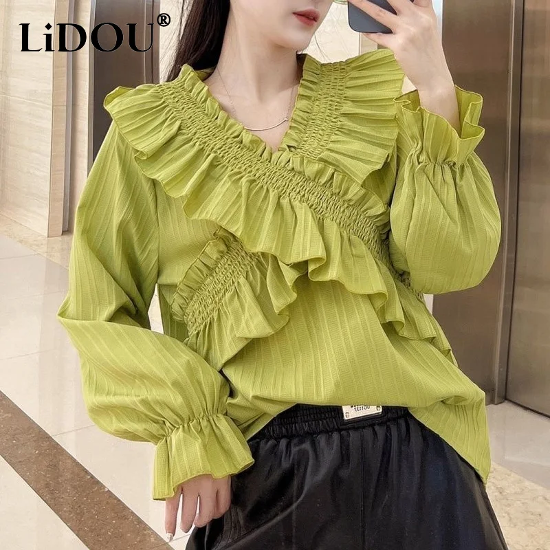 

2023 Spring Autumn New Solid Color Fashion Doll Collar Long Sleeve Blouse Women Y2K Elegant Edible Tree Fungus All-match Tops