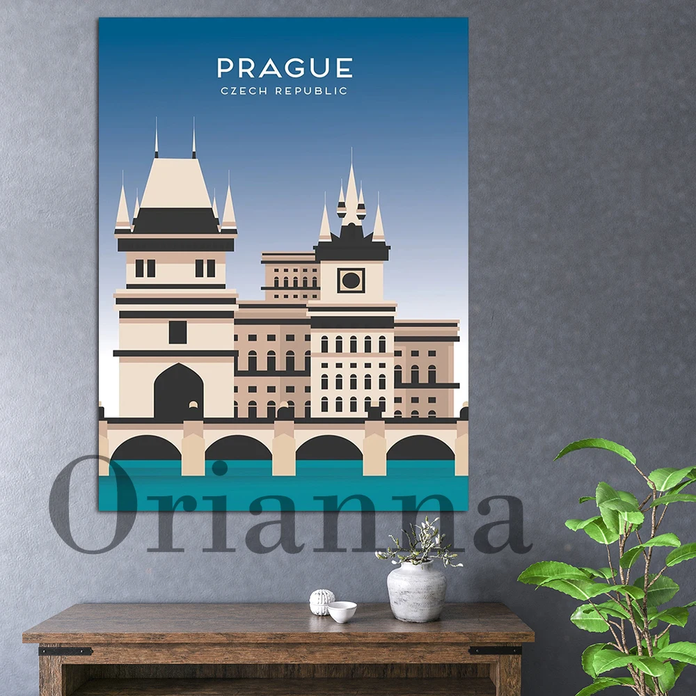 

Prague Clocktower Skyline Czech Republic Retro Travel Wall Art Canvas Print Poster Modern Living Room Office Decor Painting Gift