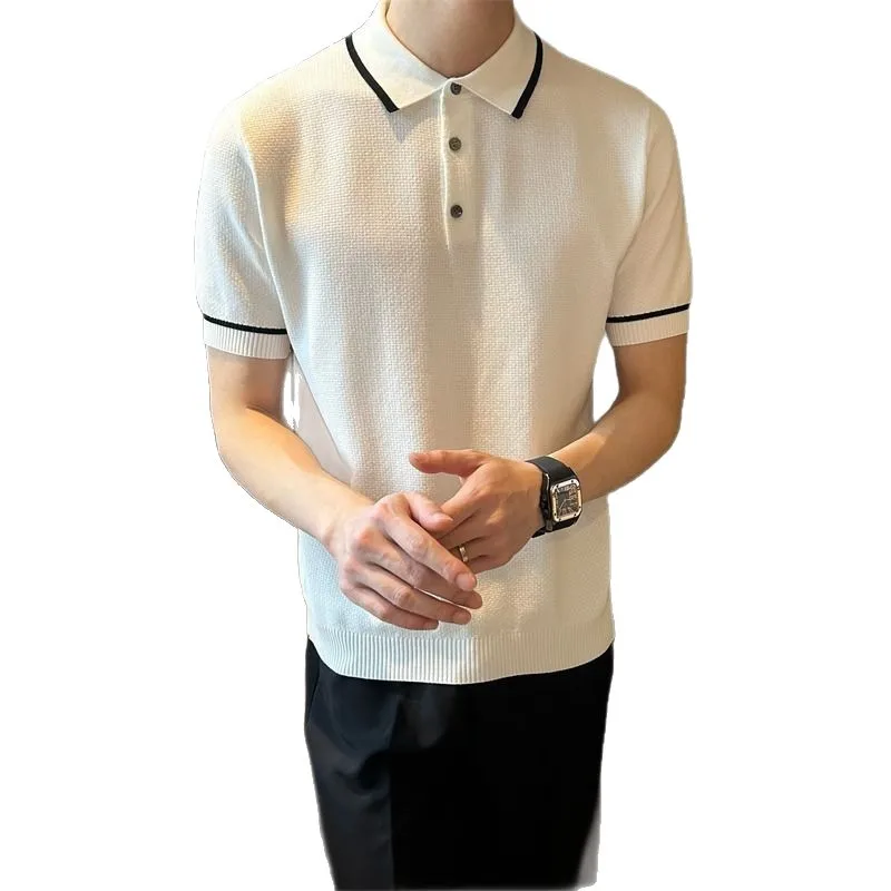 Summer Italian Style Turn-Down Collar Men'S Short Sleeve New Luxury High-Quality European Fashion Knitwear