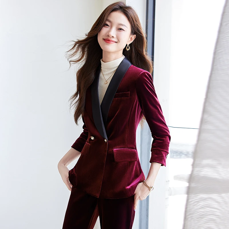 High Quality Fabric Velvet Formal Pantsuits Autumn Winter Career Interview Trousers Set Professional Blazers for Ladies Women