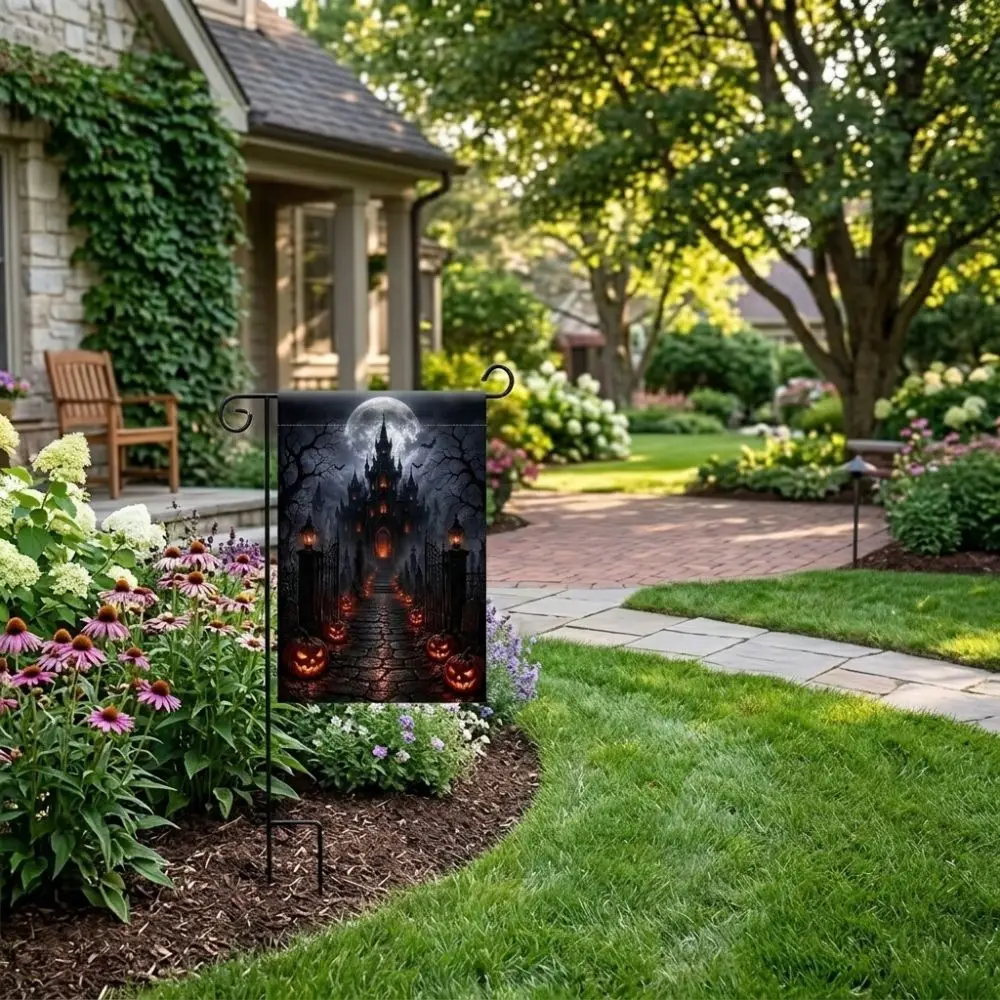 2D Flat Print Halloween Garden Flag Spooky Haunted House Witch Ghost Yard Flag Single Sided Polyester Halloween Outdoor Banner