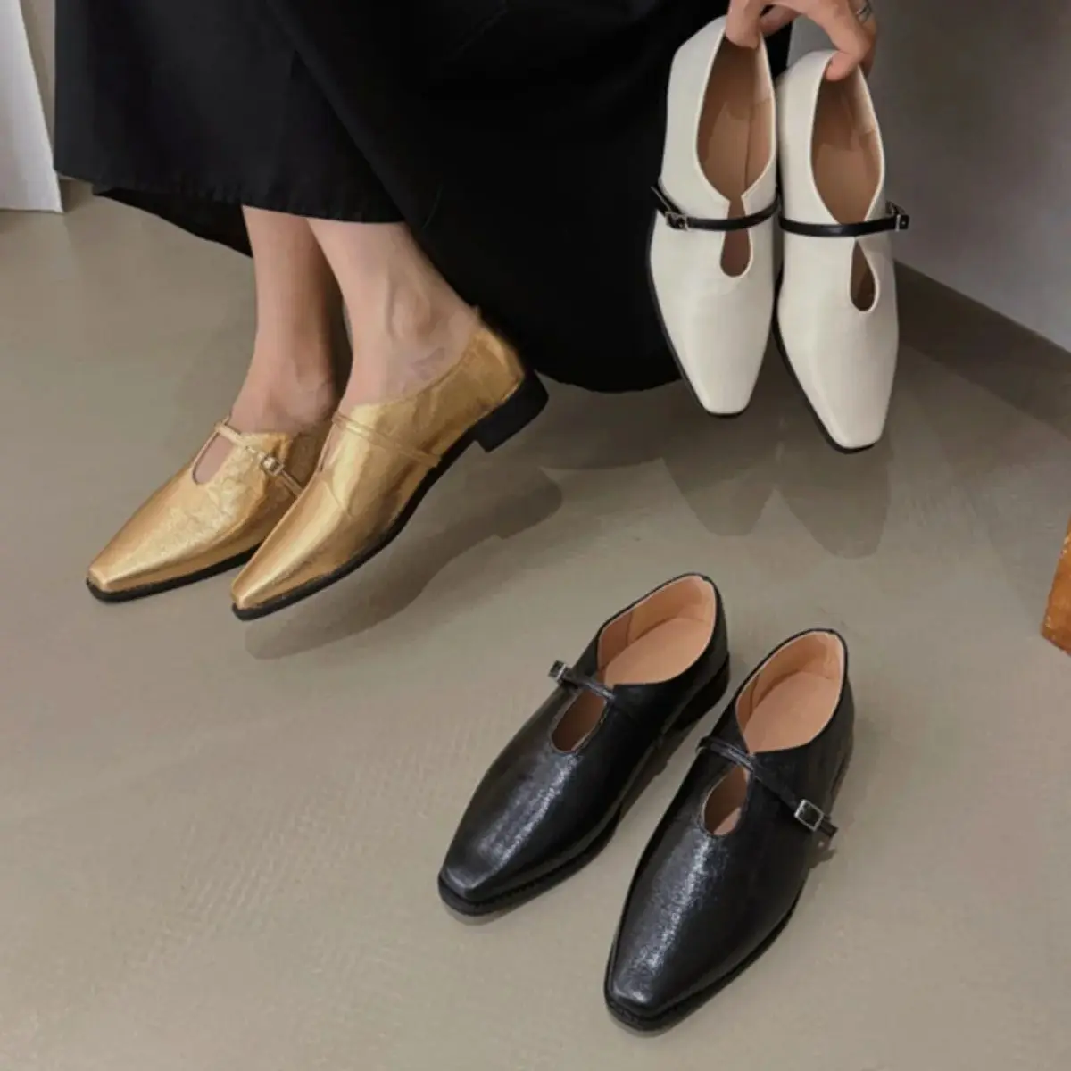 Bailamos Brand Vintage Square Toe Women Flats Outside Buckle Loafers Zapatos Mujer Elegant Dress Shoes Fashion Slip On Casual Sh