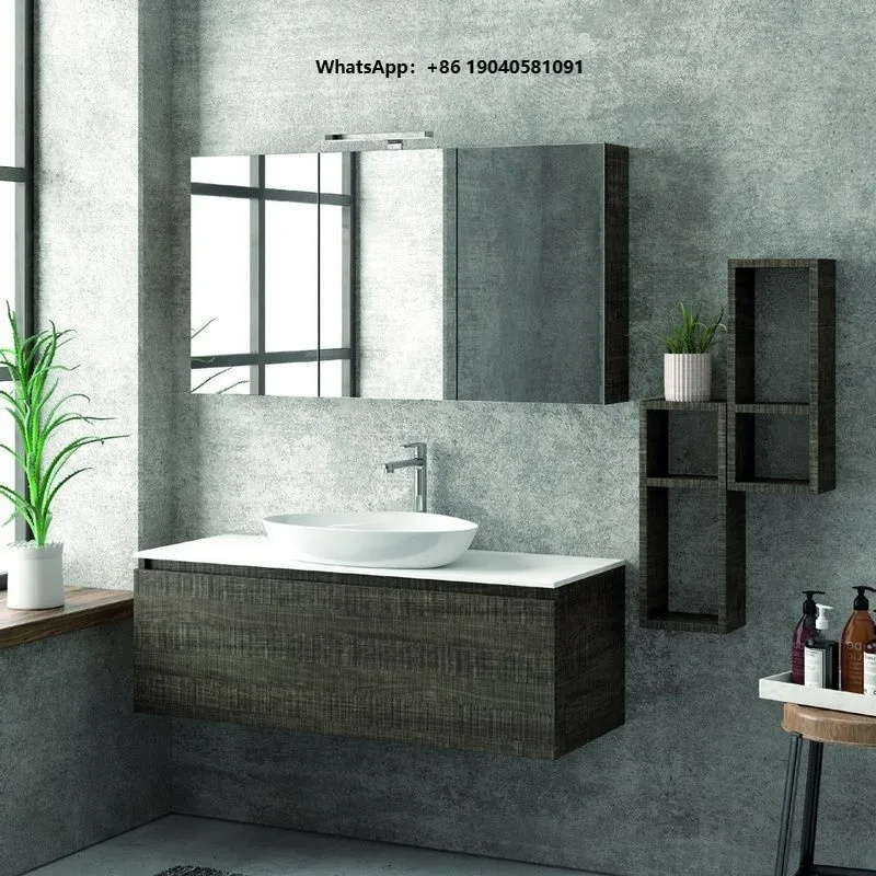Luxurious 120cm Suspended Bathroom Composition Solid Wood Mirror Cabinet and Two  Wall Units with Ceramic Basin