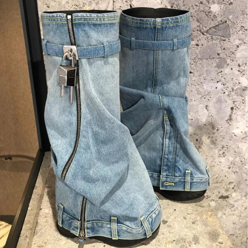 

New Autumn Winter Knee-High Boots Blue Washed Denim Jeans To Make Old Design Platform Padlock Embellished Zipper Wedged Boots