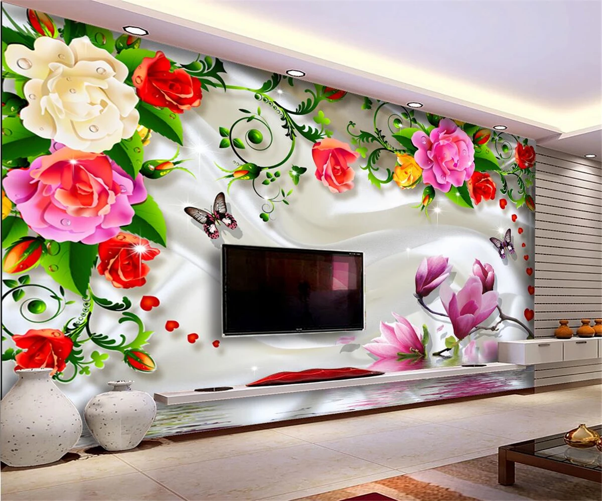 

Customized romantic rose butterfly waterproof silk mural wallpaper living room bedroom TV background wall art decoration