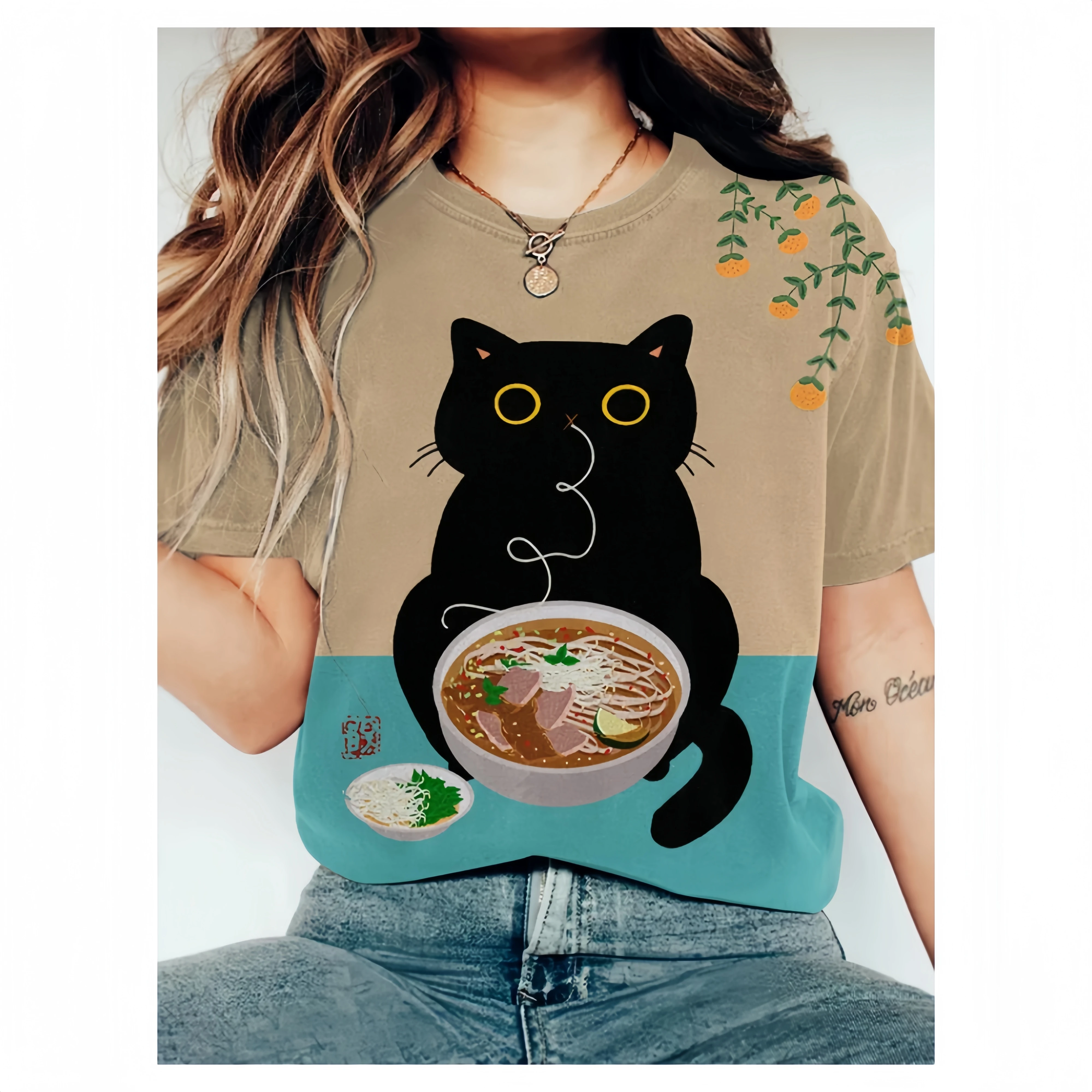 Women O Neck Short Sleeved T-Shirt Abstract Creative Cute Black Cat Love Lamian Noodles