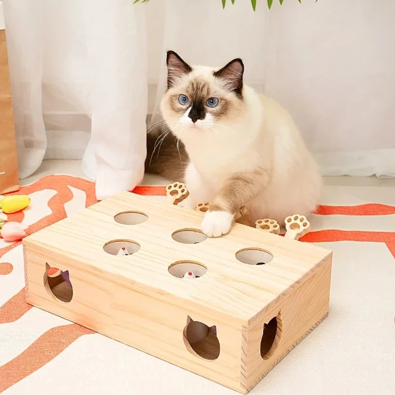Cat Toys Interactive Whack-A-Mole Solid Wood Toys for Indoor Cats Kitten Catch Mice Game-ABRM