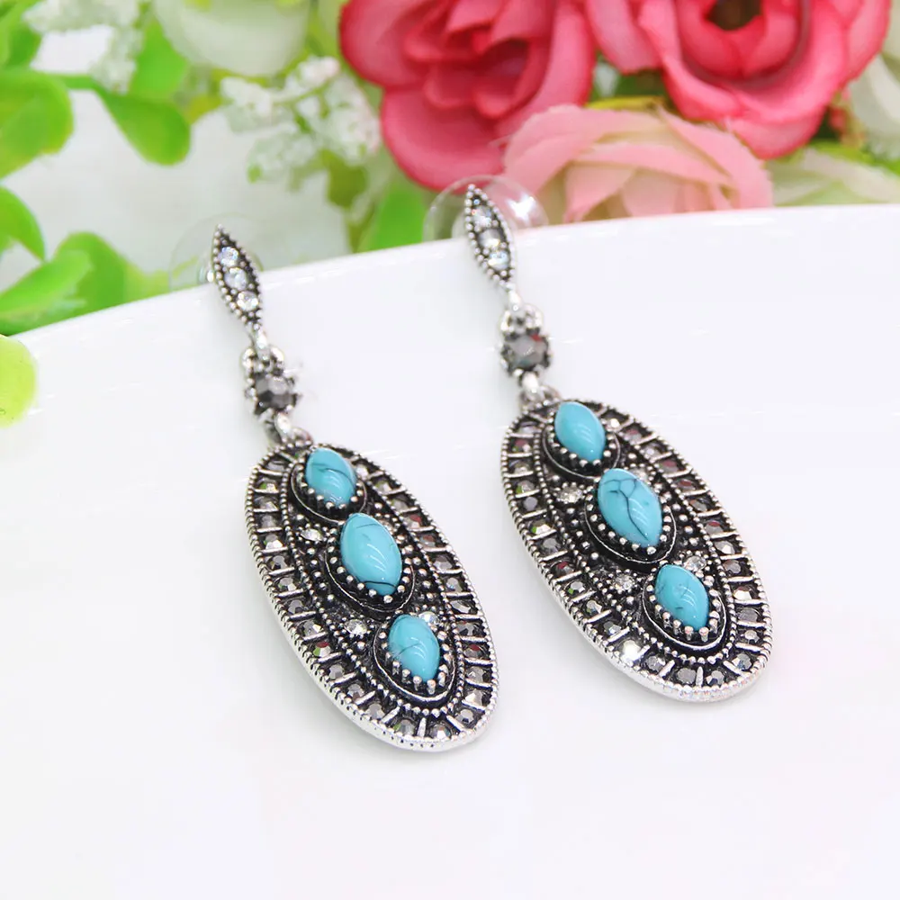 Sunspicems Vintage Turkish Women Drop Earrings Artificial turquoise Bohemia Long Earring Antique Silver Color Nepalese Jewelry