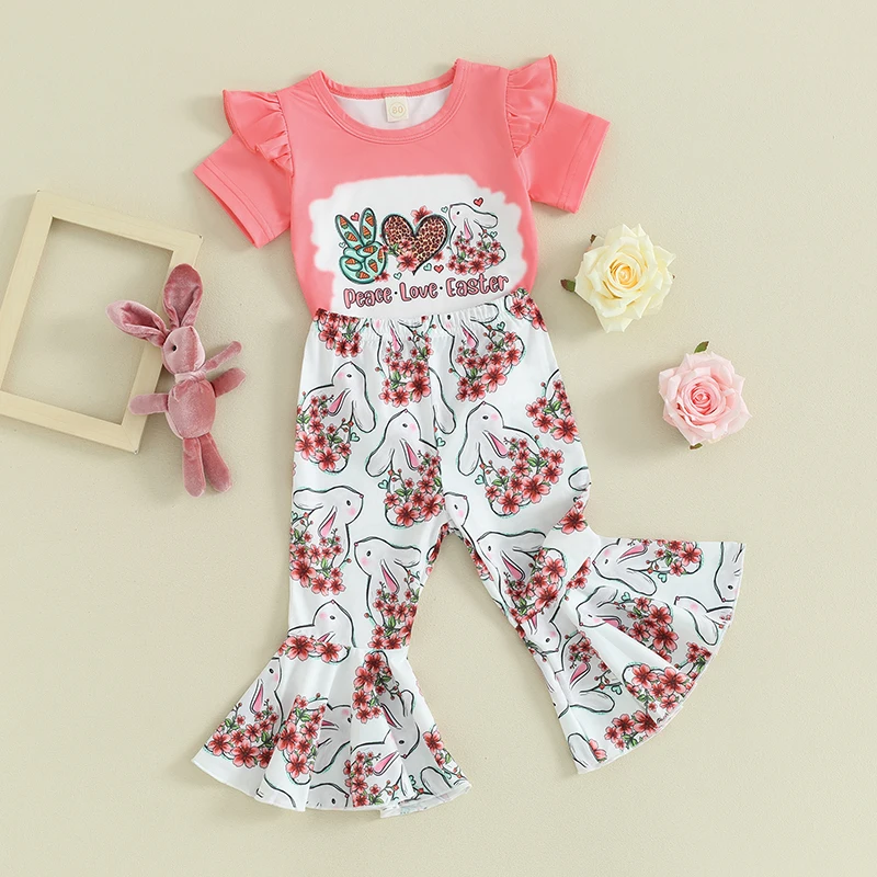 

Toddler Girls Easter Pants Sets Short Sleeve Ruffle T-shirt Bunny Print Flared Pants Sets