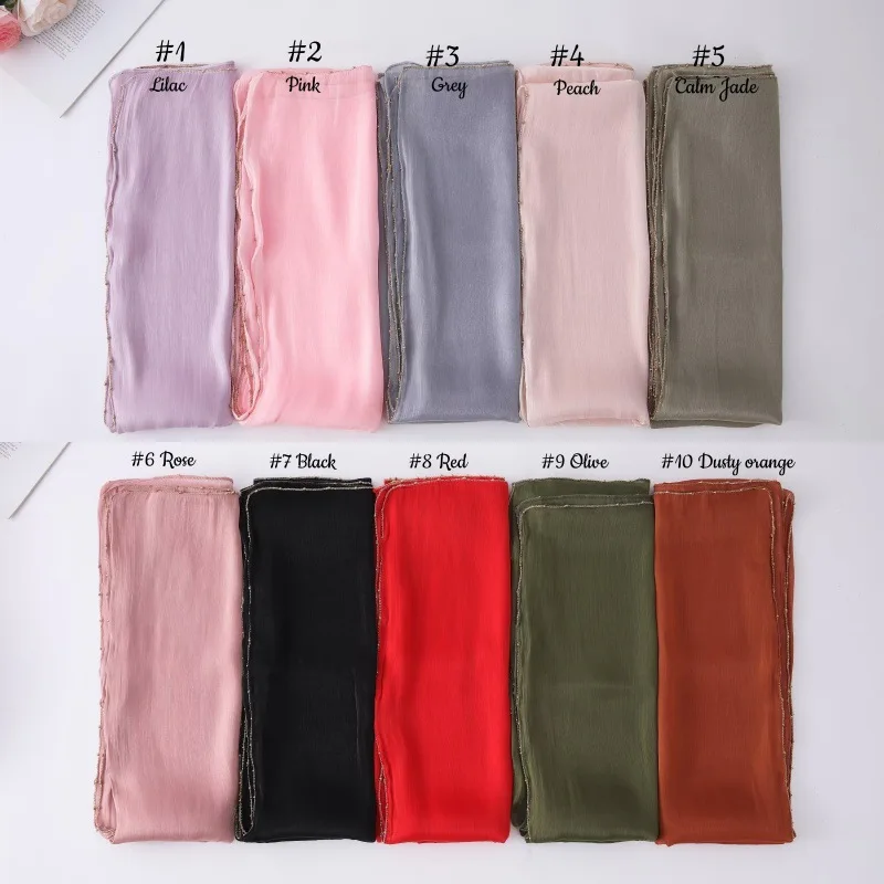 

Шифоновый шарф, блестящие шелковые шарфы с бисером, атласный креповый платок, мусульманский хиджаб, женские шали, банданы, повязка на голову, Bufanda Foulard