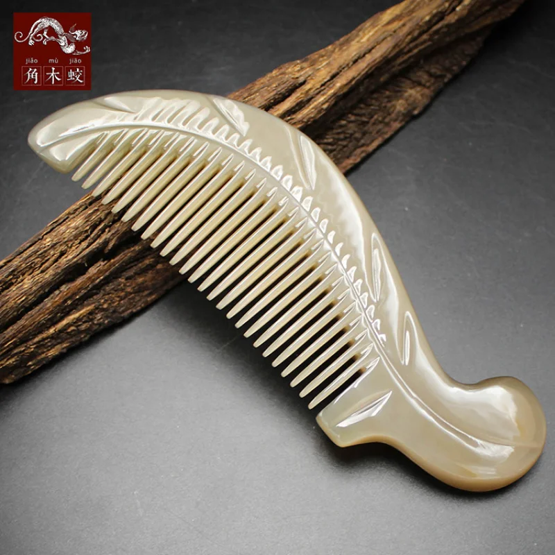 Hornwood yak horn comb, leaf-shaped carved small comb, massage hair comb