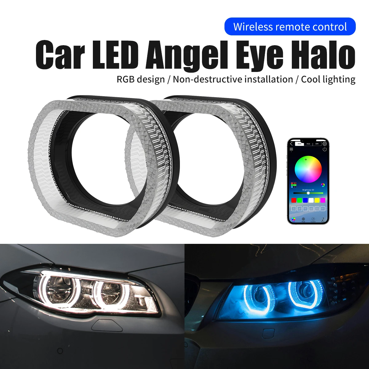 

3 Inch LED Angel Eyes Car Headlight RGB LED Halo Ring Light 5D APP Control DRL Daytime Running Light With Turn Signal Light