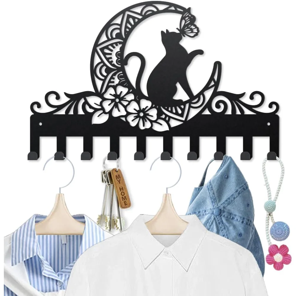 

Cat Moon Metal Coat Hooks for Wall 15.7×9.8inch Flower Moon Butterfly Wall Mounted Key Rack 10 Hooks Animal Plants making kit