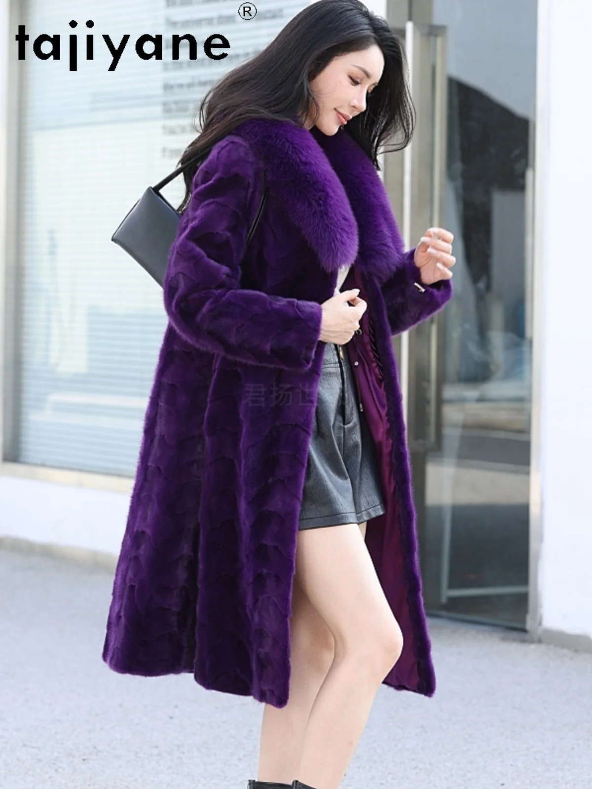 TAJIYANE Natural Pieced Mink Fur Jacket Woman Purple Long Real Mink Fur Coat with Fox Fur Collar Winter Women Clothing 2025 шуба