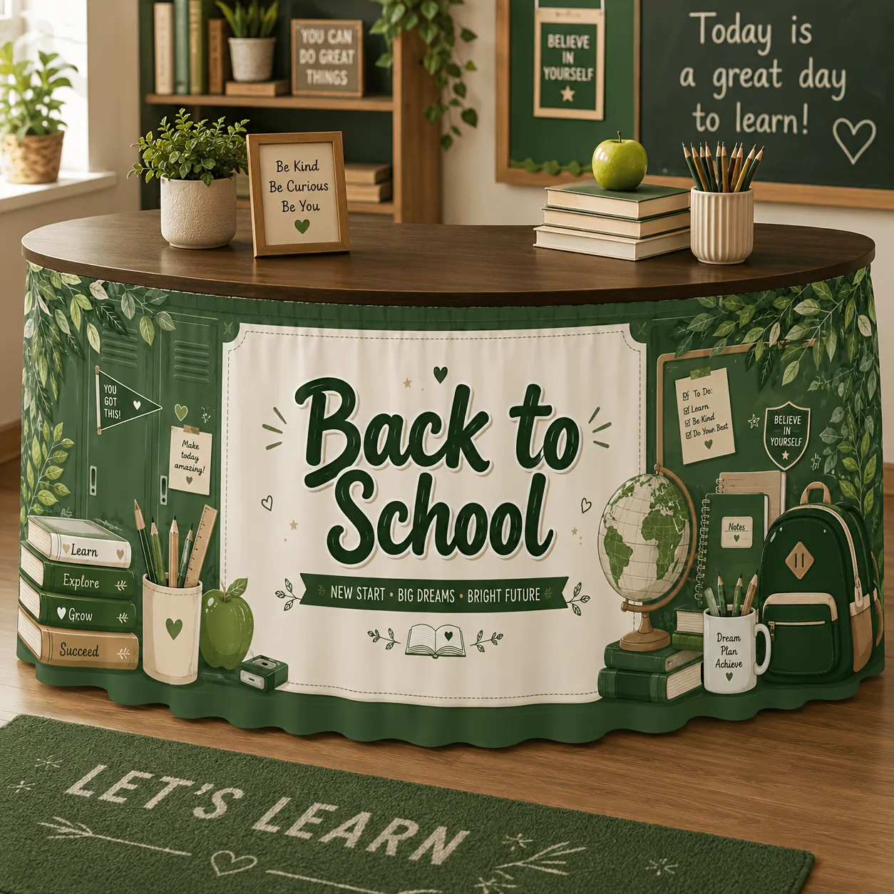 Party table skirt, 1 piece, Ba To School Green Table Skirt, featuring a retro green campus theme.