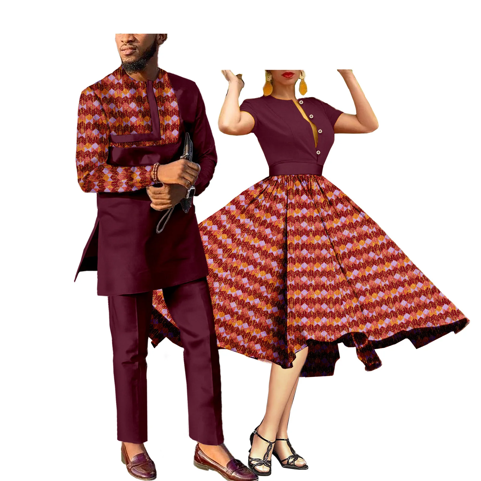 African Couples Women Print Wax Cotton Fashion Patchwork Hot Dress & Men 2 Pieces Shirt and Pants Sets