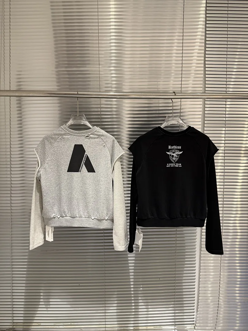 26SS Fashion Brand Fake Two Piece Sweatshirt Waffle Patchwork ARMY Eagle Printed Cropped Long Sleeve Streetwear Tops