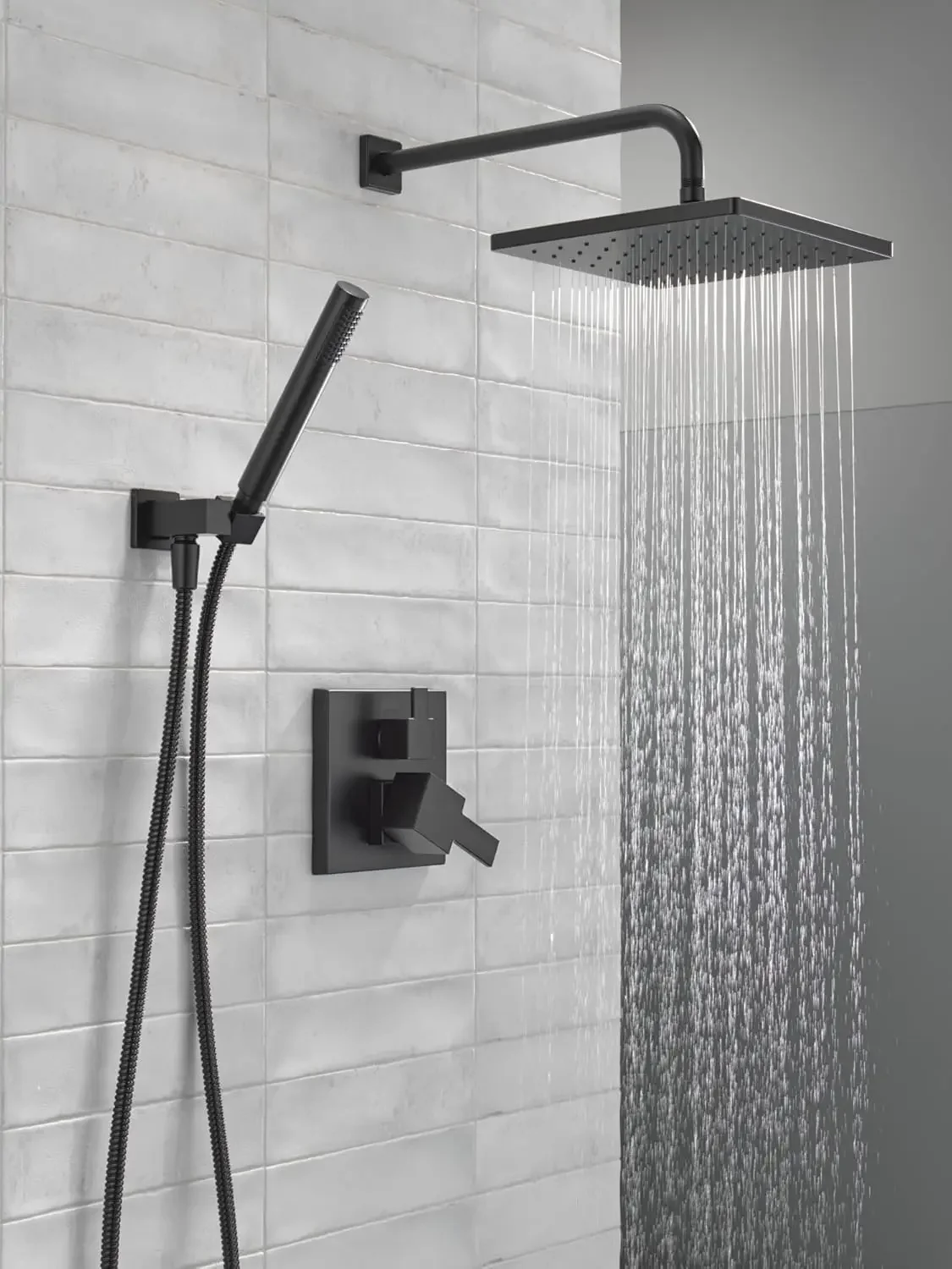 Faucet Modern Raincan 2-Setting Square Shower System Including Rain Shower Head and Handheld Spray Black, Rainfall Shower System