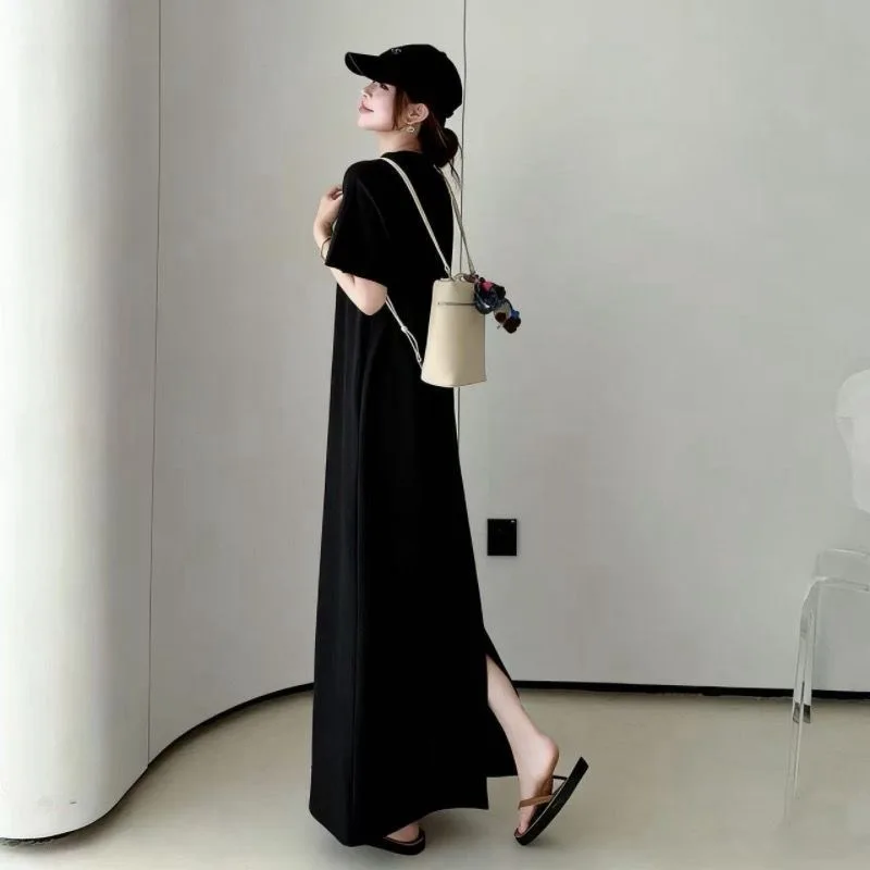plus Size Casual Long T-Shirt Dress Summer New Style Slim Fit Split Back Print Design Meat Covering Polyester Fiber High Waist