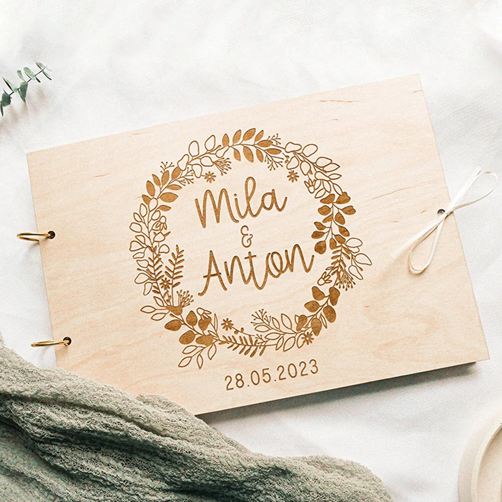 Personalized Wood Guestbook Name and Date, Elegant Sign in Message Book, Custom Memory Book Rustic Wedding Decoration 100 Pages