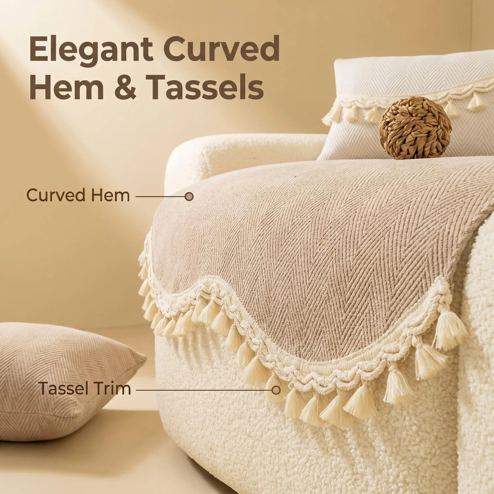 Herribione Chenille Sofa Cover with Elegant Curved Hem & Tassels for Living Room All Seasons Sofa Towel Couch Seat Slipcover