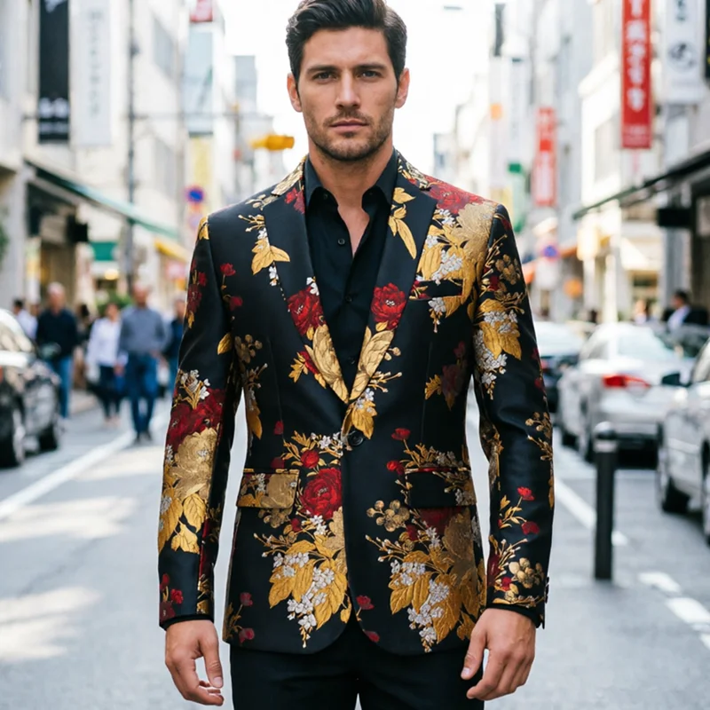 

Fashion Men Brand Luxurious Jacquard Business Dress Suit Slim Fit Jacket , 2026 New Male Wedding, Dance, Party, Floral Blazer