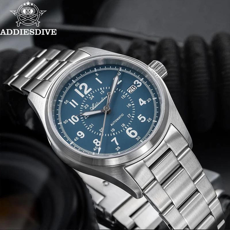 

ADDIESDIVE 39mm Man Dress Watch Sapphire Glass 20Bar Waterproof Calendar Display Blue Luminous NH35A Automatic Mechanical Watch
