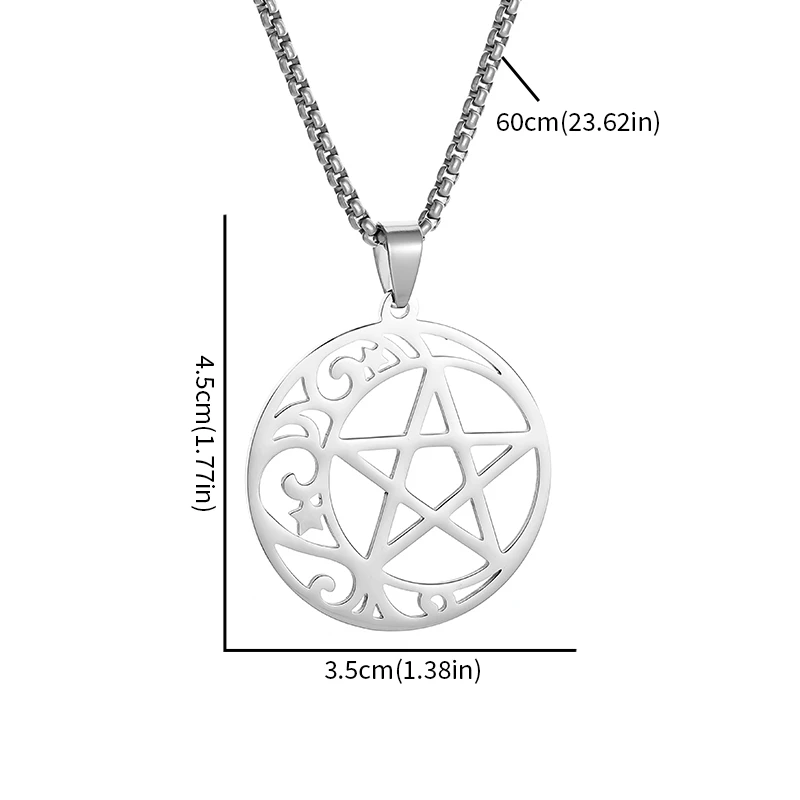Stainless Steel Cut Magic Pentagram Moon Pendant Necklace for Men Women Celtic Irish Lucky Amulet Jewelry image 6