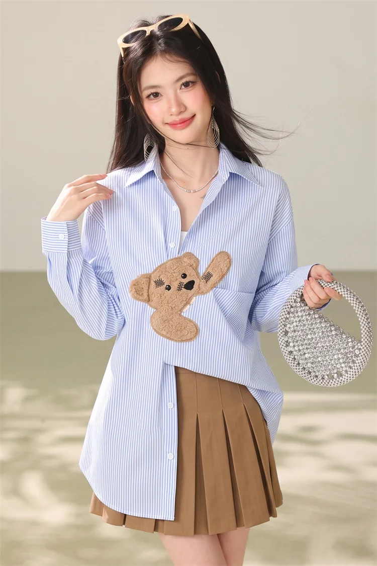 2026 Autumn Bear Patch Striped Shirt Women Long Sleeve Lapel Loose Irregular Hem Casual Blouse Outerwear