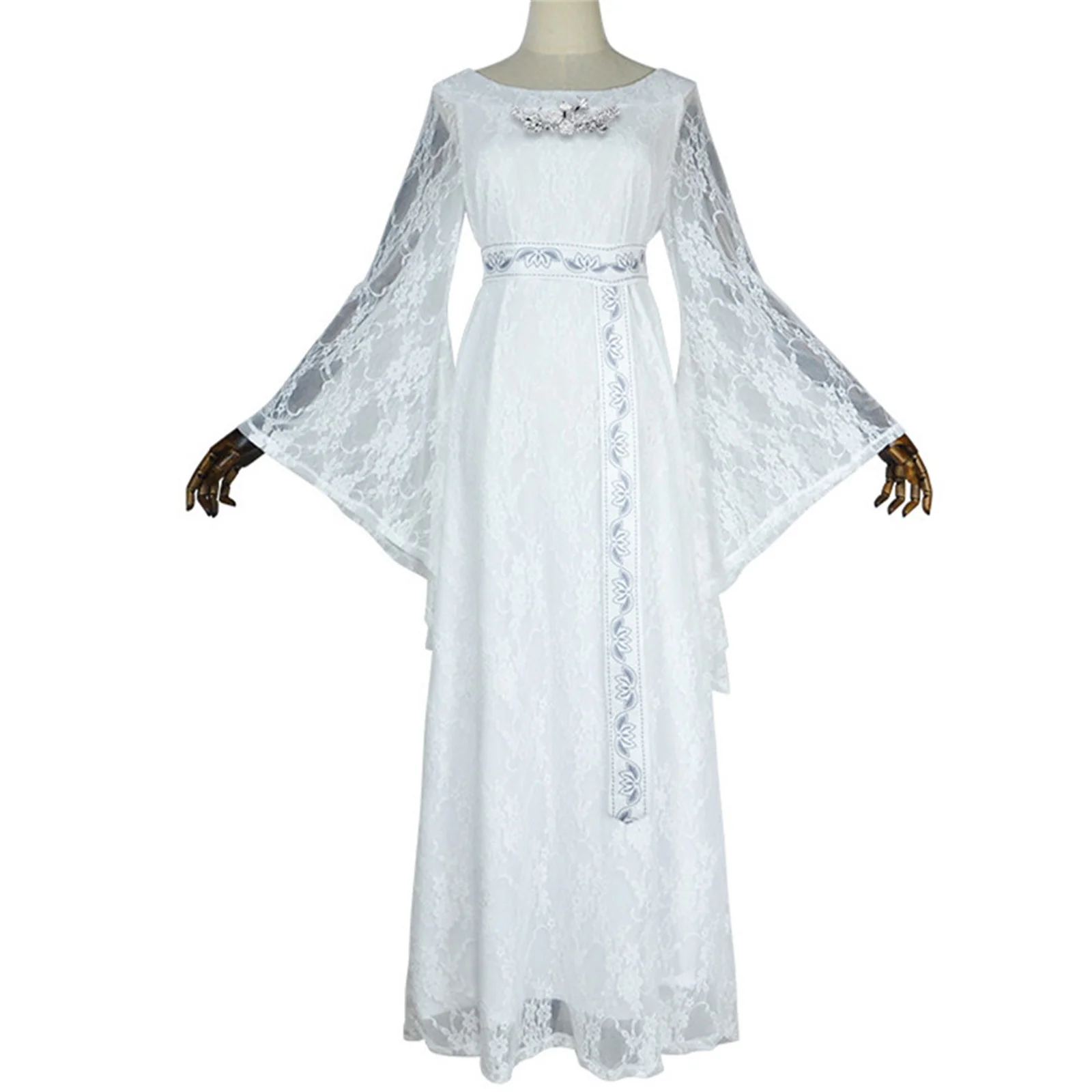 

Movie Galadriel Cosplay Fairy Queen Costume White Retro Banquet Dress Outfits Women Halloween Party Disguise Suits