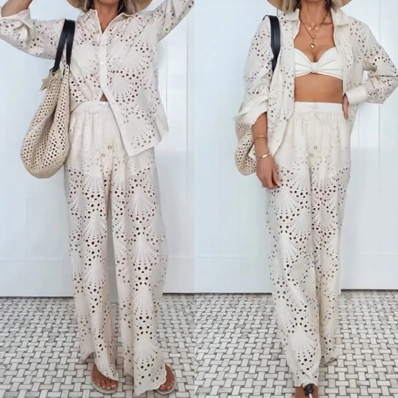 Traje de oficina holgado con bordado a la moda, camisa informal de manga larga y pantalón largo, conjuntos de 2 piezas con botones de solapa elegantes para mujer