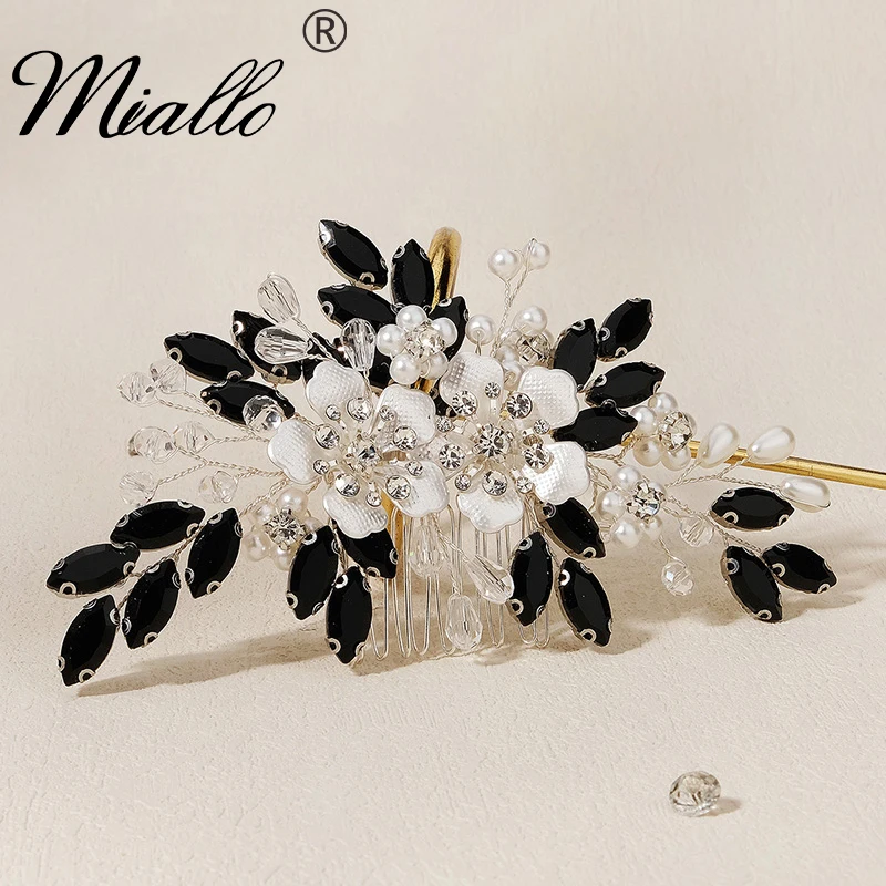 Fashion Black Crystal Flower Hair Combs Clips for Women Bridal Wedding Hair Accessories Party Jewelry Bride Headpiece Gift